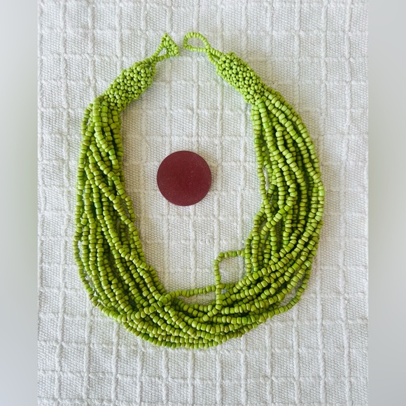 African Seed Beads Multi-Strand Lime Green Choker Necklace. 19.5”. 15 strands - Picture 4 of 6